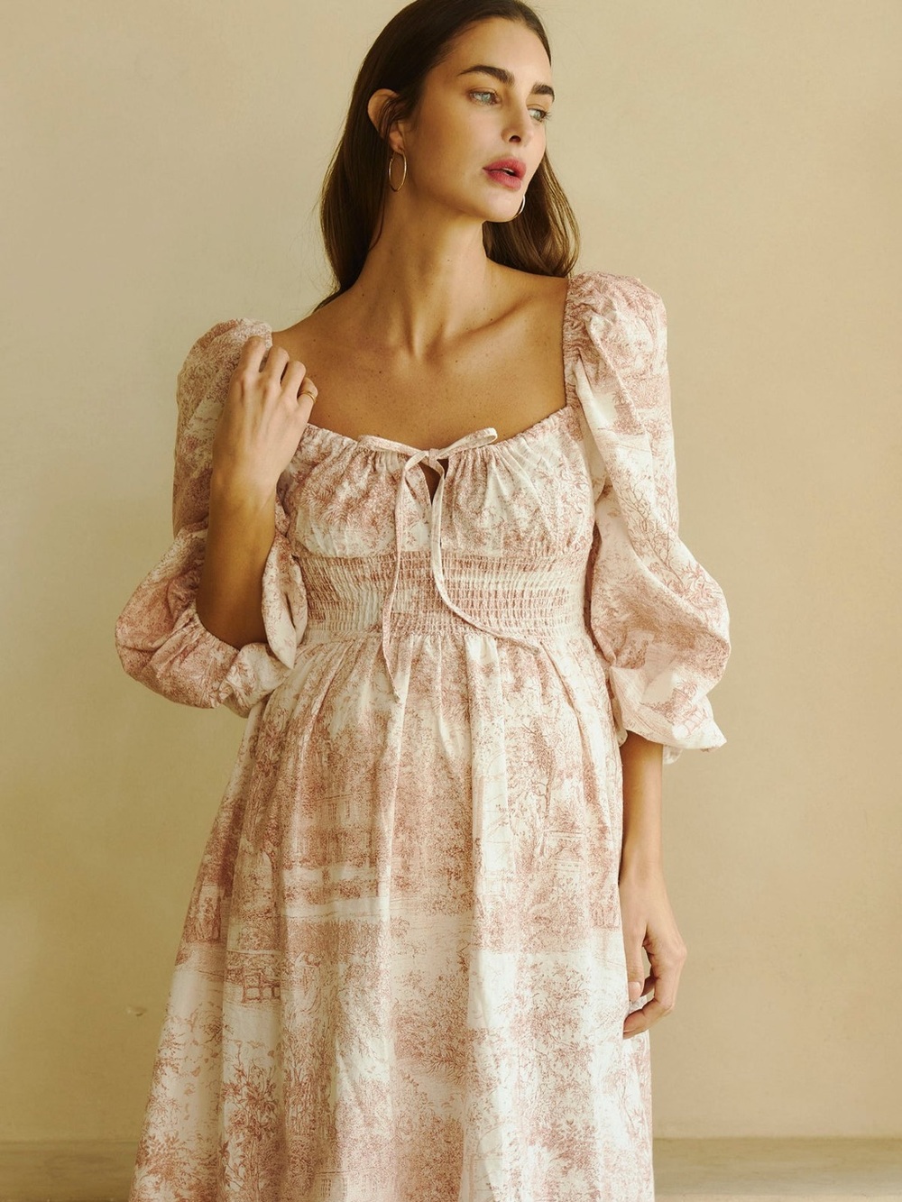Nothing Fits But Smocked Bodice Puff-Sleeve Midi Dress in Blush Pink